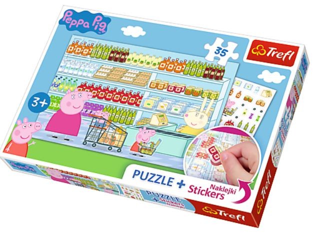 35 Elementów Puzzle + naklejki Peppa na zakupach