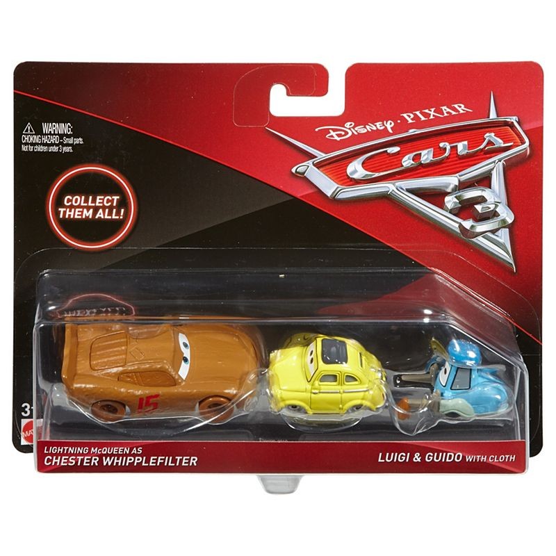 CARS 3 Dwupak Lightning McQueen as Chester Whipplefilter, Luigi & Guido with Cloth Die-Cast Vehicle 