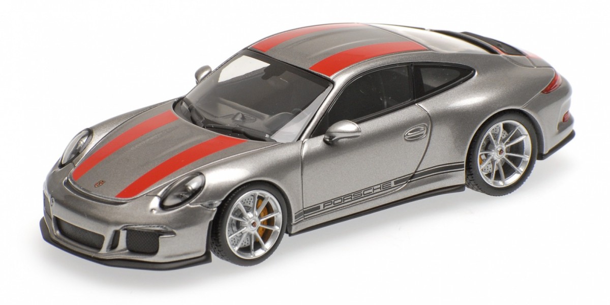 Porsche 911 R 2016 (silver w/red stripes and w/black writing)