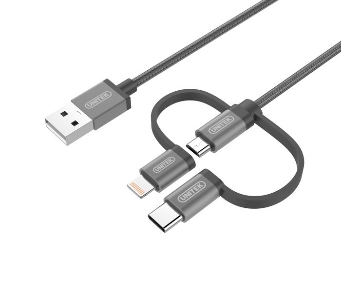 Kabel microUSB/USB-C/Lightning, 1m, MFI, szary; Y-C4036AGY 