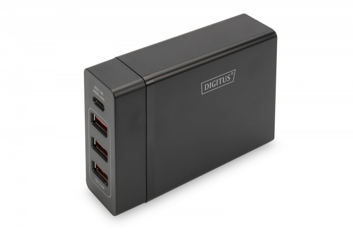 Uniwersalna 4-portowa ładowarka sieciowa 240V USB Typ C (5-20V/3A/60W) 3xUSB A (5V/2.4A) PD czarna