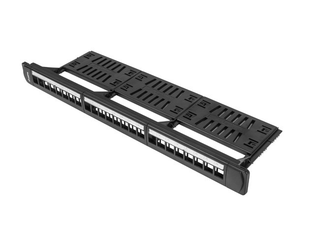 Patch panel pusty 24 porty 1U 19 cali czarny z organizerem do modułów keystone 