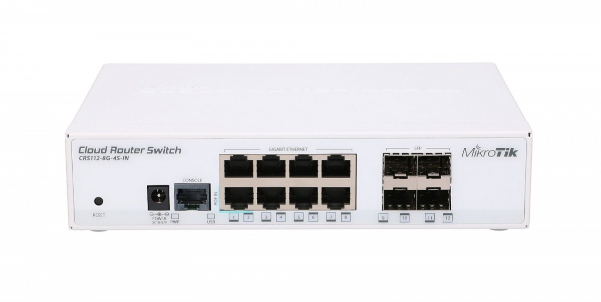 Cloud Router Switch CRS112-8G-4S-IN 400MHZ, 128MB, 8XGE, 4XSFP, 1XSERIAL -RJ45, L5