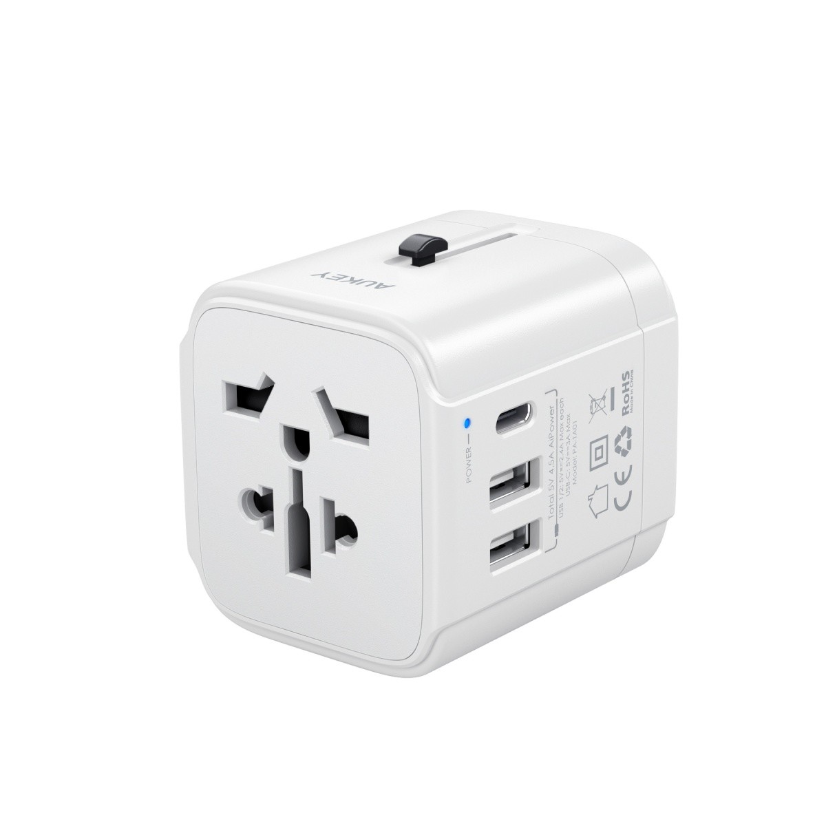 PA-TA01 White uniwersalny podróżny adapter sieciowy 2xUSB+1xUSB C | 7.8A | pasuje w 150 krajach 