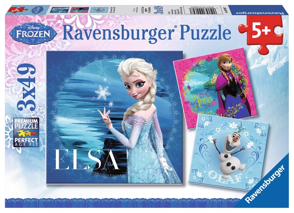 Puzzle 3x49 elementów - Kraina Lodu, Elsa, Anna i Olaf