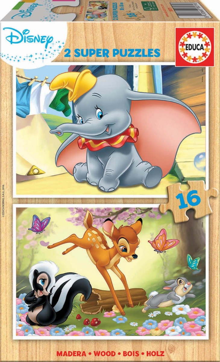 Puzzle drewniane 2x16 elementów Dumbo+Bambi