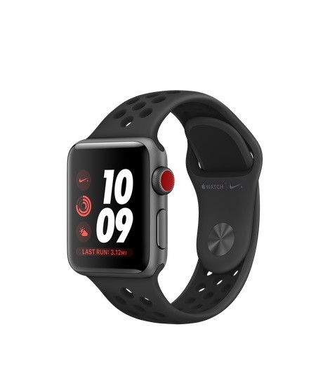 Zegarek Nike+ Series 3 GPS + Cellular, 38mm Koperta z aluminium w kolorze gwiezdnej szarości z paskiem sportowym Nike w kolorze antracytu/czarnym