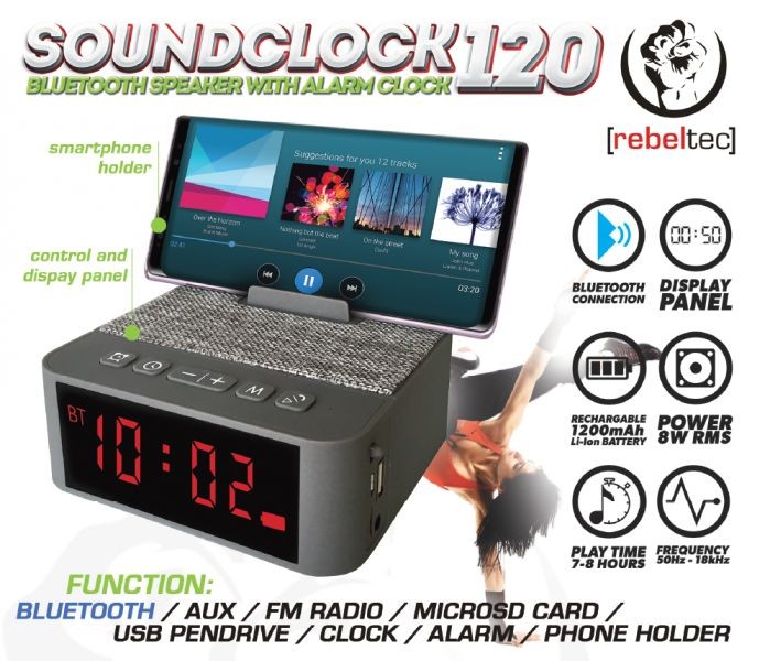 Głośnik przenośny Bluetooth SoundClock 120, srebrny, z funkcją radiobudzika