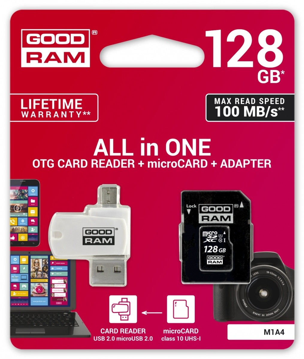 Karta microSDHC 128GB CL10 + adapter + czytnik 