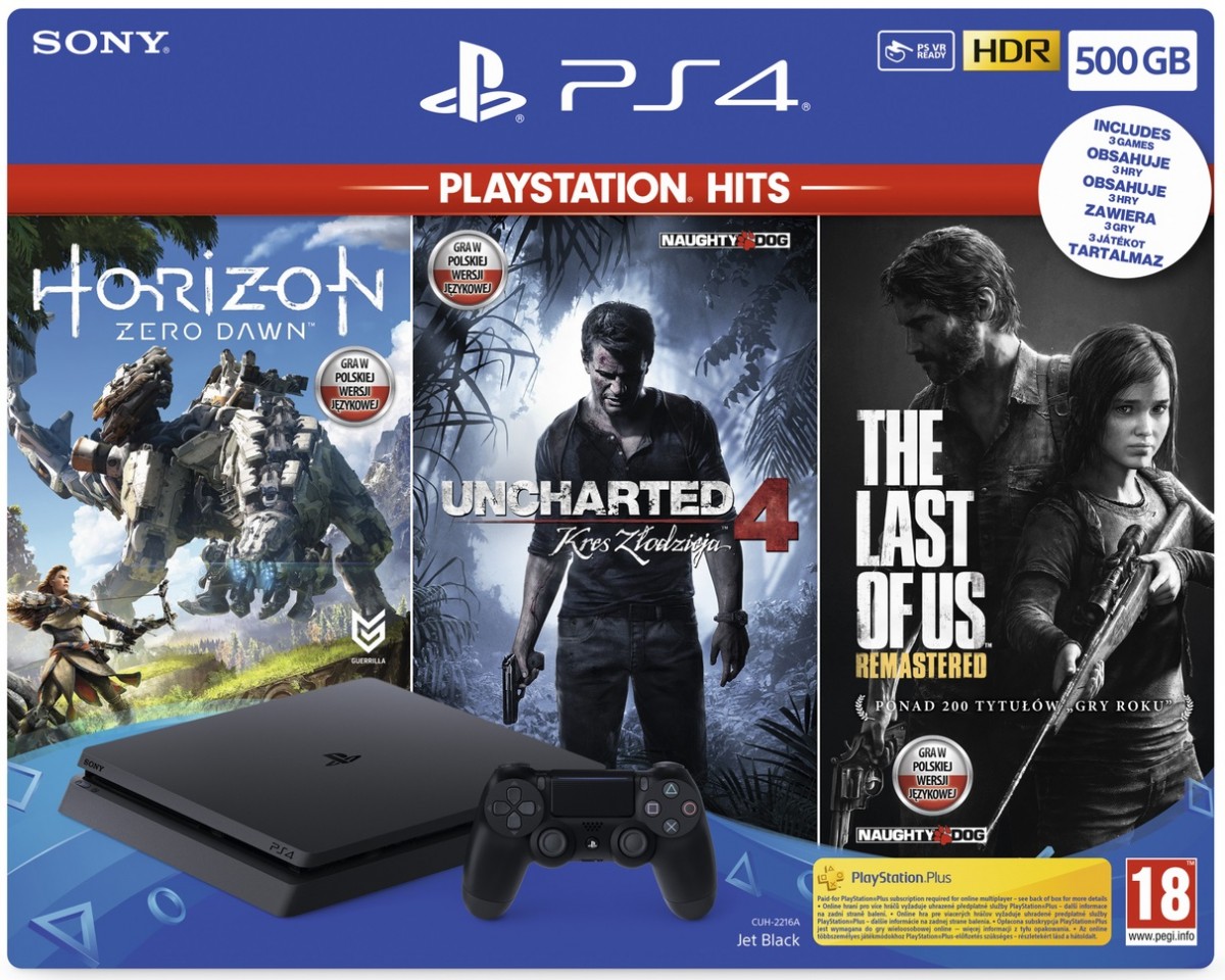 Playstation 4 500GB + Horizon Zero Dawn + Uncharted 4 Kres Złodzieja + The Last of Us Remastered