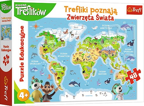 Puzzle 48 elementów - Edukacyjne, Mapa, Trefliki poznają zwierzęta świata