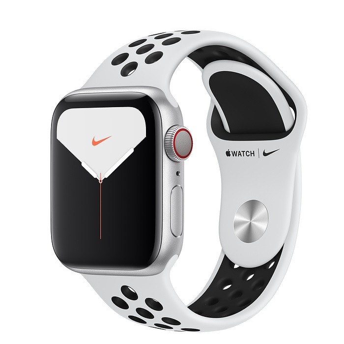 Zegarek Nike Series 5 GPS+Cellular, 40mm koperta z aluminium w kolorze srebrnym z paskiem sportowym Nike w kolorze czystej platyny/czarnym - S/M & M/L