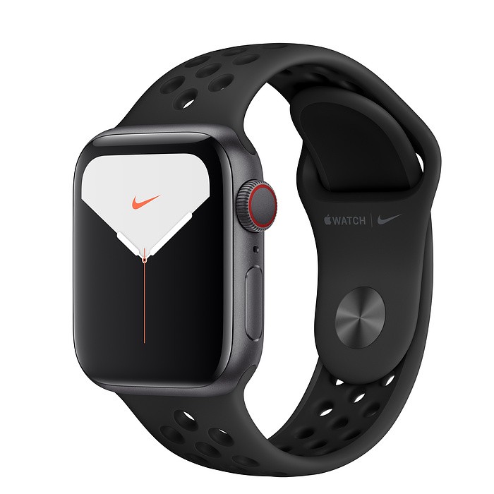Zegarek Nike Series 5 GPS+Cellular, 40mm koperta z aluminium w kolorze gwiezdnej szarości z paskiem sportowym Nike w kolorze antracytu/czarnym - S/M &