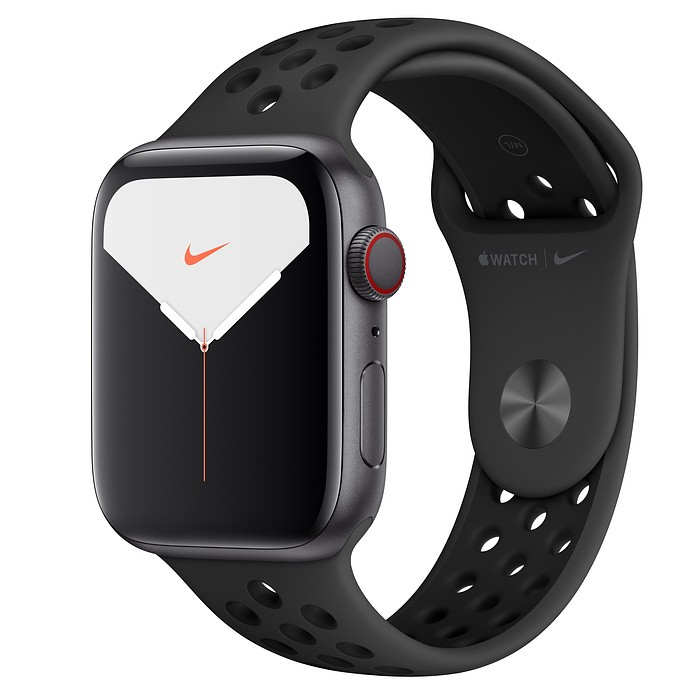 Zegarek Nike Series 5 GPS+Cellular, 44mm koperta z aluminium w kolorze gwiezdnej szarości z paskiem sportowym Nike w kolorze antracytu/czarnym - S/M &