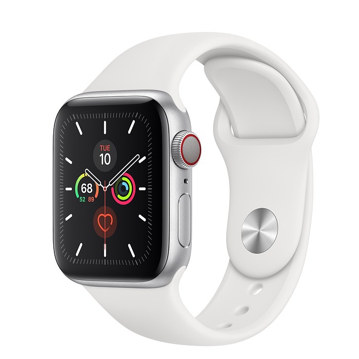 Zegarek Series 5 GPS+Cellular, 40mm koperta z aluminium w kolorze srebrnym z paskiem sportowym w kolorze białym - S/M & M/L