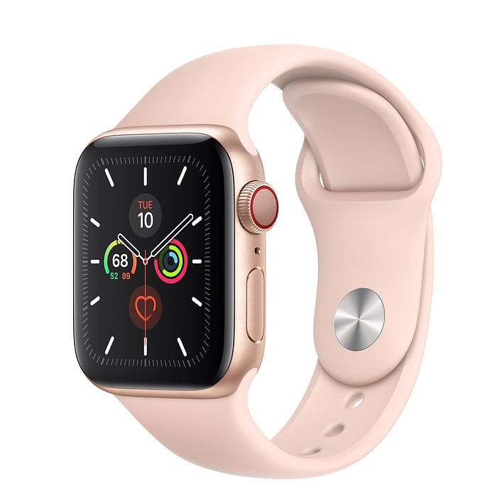 Zegarek Series 5 GPS+Cellular, 40mm koperta z aluminium w kolorze złotym z paskiem sportowym w kolorze piaskowego różu - S/M & M/L