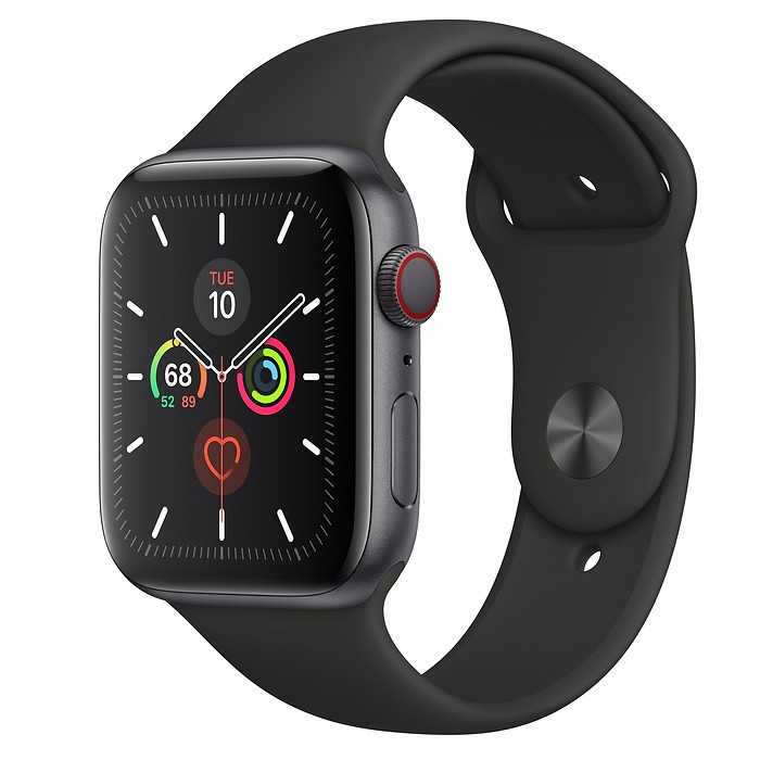 Zegarek Series 5 GPS+Cellular, 44mm koperta z aluminium w kolorze gwiezdnej szarości z paskiem sportowym w kolorze czarnym - S/M & M/L
