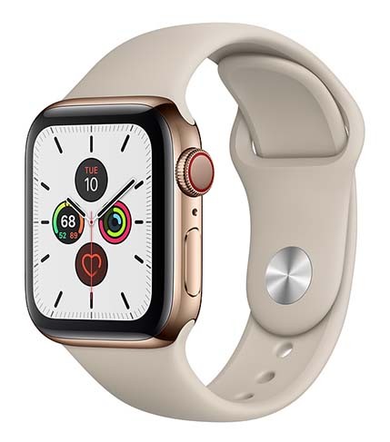 Zegarek Series 5 GPS+Cellular, 40mm koperta ze stali nierdzewnej w kolorze złotym z paskiem sportowym w kolorze piaskowca - S/M & M/L