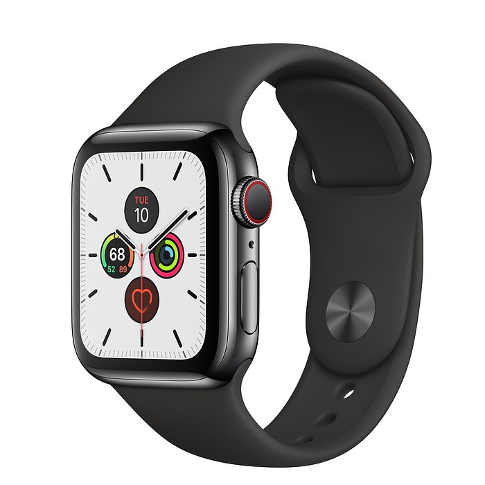 Zegarek Series 5 GPS+Cellular, 40mm koperta ze stali nierdzewnej w kolorze gwiezdnej czerni z paskiem sportowym w kolorze czarnym - S/M & M/L