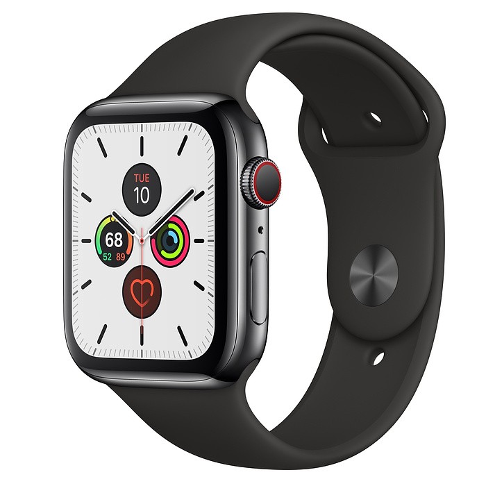 Zegarek Series 5 GPS+Cellular, 44mm koperta ze stali nierdzewnej w kolorze gwiezdnej czerni z paskiem sportowym w kolorze czarnym - S/M & M/L