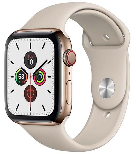 Zegarek Series 5 GPS+Cellular, 44mm koperta ze stali nierdzewnej w kolorze złotym z paskiem sportowym w kolorze piaskowca - S/M & M/L - S/M & M/L