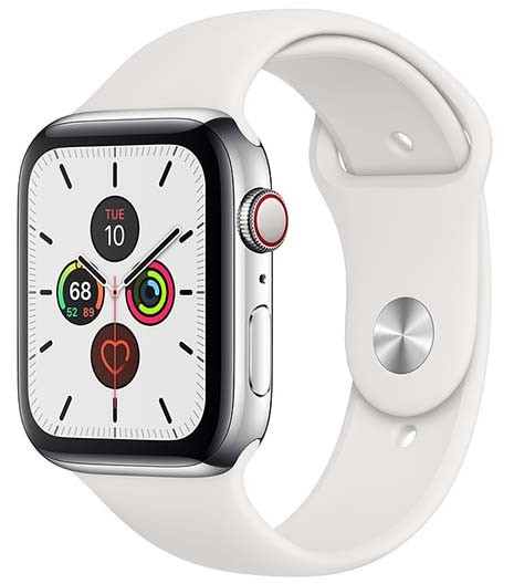 Zegarek Series 5 GPS+Cellular, 44mm koperta ze stali nierdzewnej w kolorze srebrnym z paskiem sportowym w kolorze białym - S/M & M/L