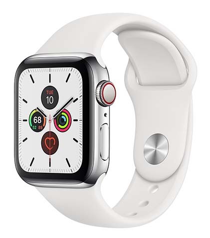 Zegarek Series 5 GPS+Cellular, 40mm koperta ze stali nierdzewnej w kolorze srebrnym z paskiem sportowym w kolorze białym - S/M & M/L