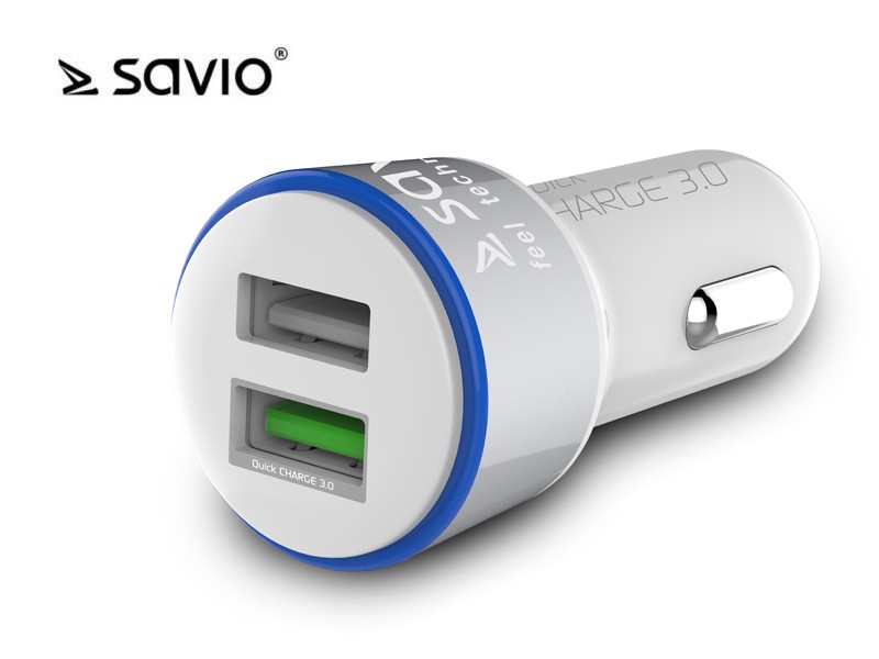 Ładowarka samochodowa Quick Charge 3.0 Savio SA-06/W, 5.4A, 3A, 2xUSB