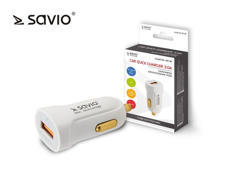 Ładowarka samochodowa Quick Charge 3.0 Savio SA-05/W 3A, 1xUSB