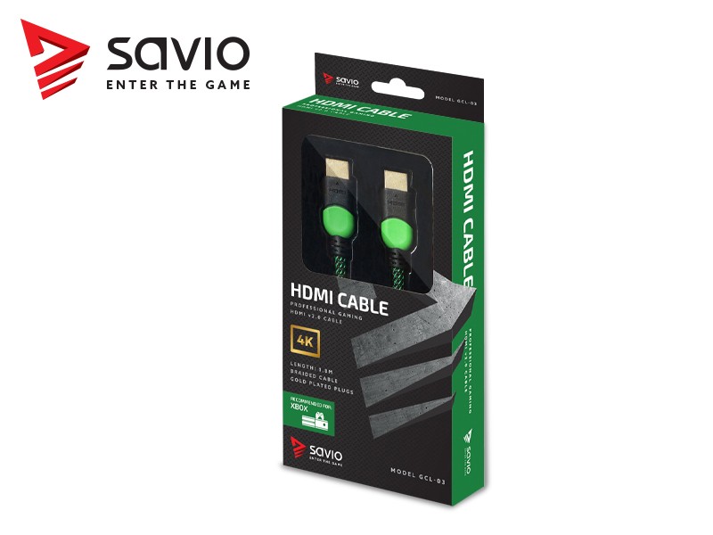 Kabel HDMI-HDMI v2.0, OFC, złoty, miedź, 3D, gamingowy, XBOX, zielono-czarny, oplot nylon, 4Kx2K, 1.8m SAVIO GCL-03