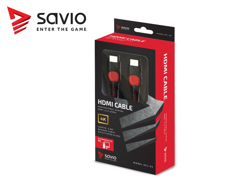 Kabel HDMI-HDMI v2.0, OFC, złoty, miedź, 3D, gamingowy, PC, czerwono-czarny, oplot nylon, 4Kx2K, 3.0m SAVIO GCL-04