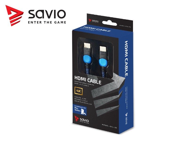 Kabel HDMI-HDMI v2.0, OFC, złoty, miedź, 3D, gamingowy, PLAYSTATION, niebiesko-czarny, oplot nylon, 4Kx2K, 3.0m SAVIO GCL-05