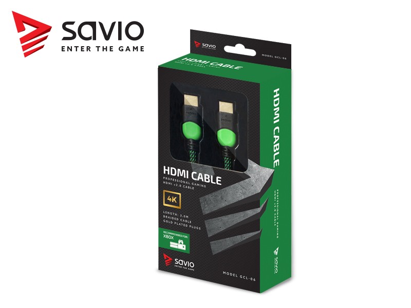 Kabel HDMI-HDMI v2.0, OFC, złoty, miedź, 3D, gamingowy, XBOX, zielono-czarny, oplot nylon, 4Kx2K, 3.0m SAVIO GCL-06