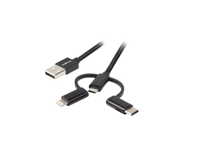 Kabel 3in1 USB-A(M)->USB MICRO(M)+LIGHTNING(M)+USB-C(M) 2.0 1M  czarny premium