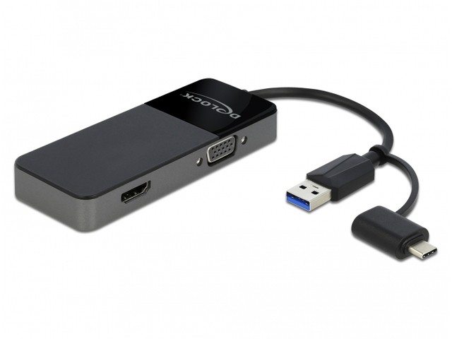 Adapter USB-A + USB-C 3.0 - HDMI 4K + VGA M/F na kablu 12cm Czarny 