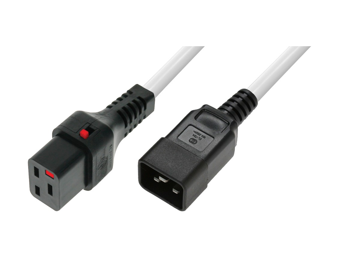 Kabel zasilający serwerowy blokada IEC LOCK 3x1,5mm2 C20 prosty/C19 prosty M/Ż 2m biały