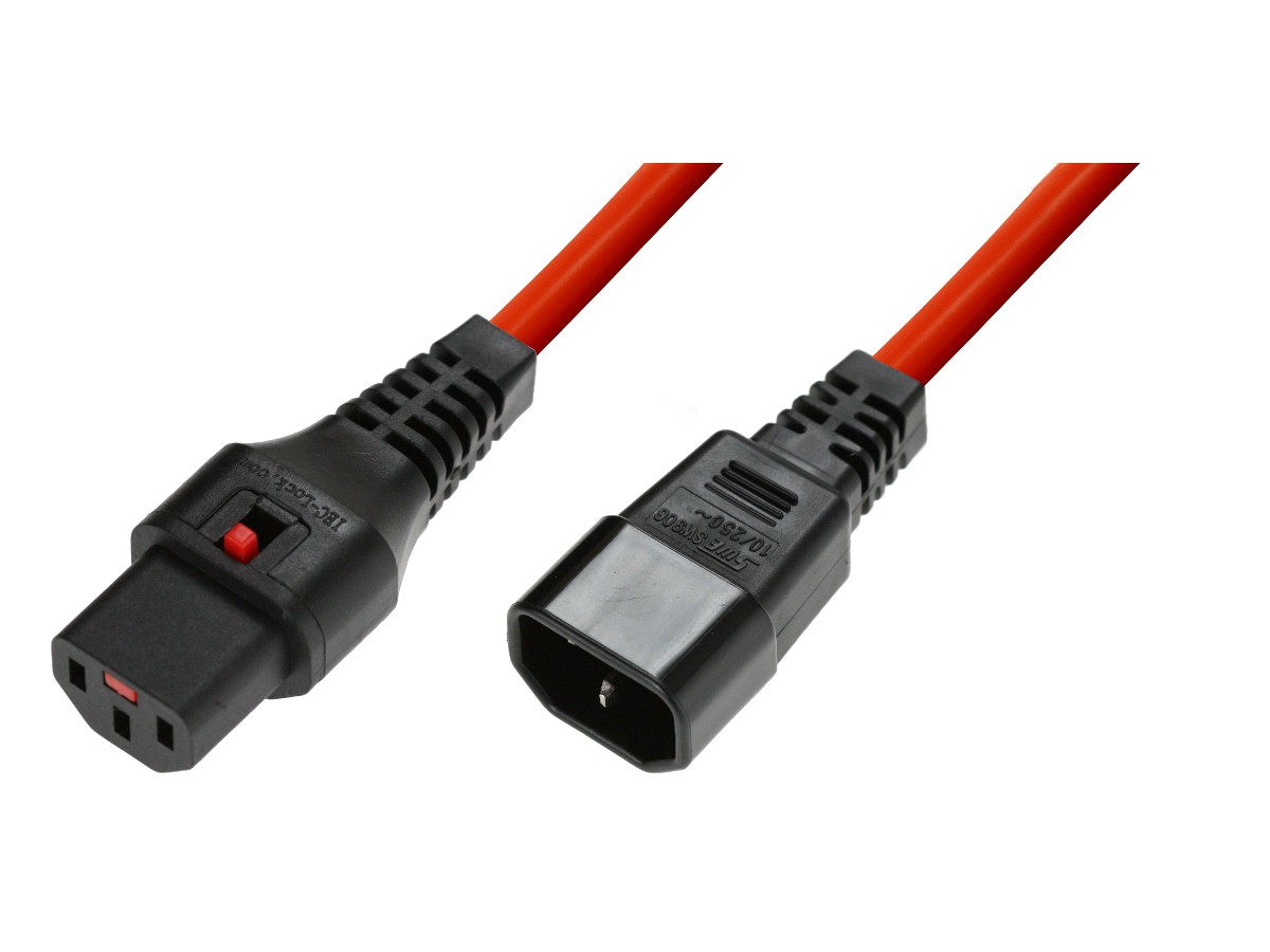 Kabel przedłużający zasilający blokada IEC LOCK 3x1mm2 C14/C13 prosty M/Ż 3m czerwony