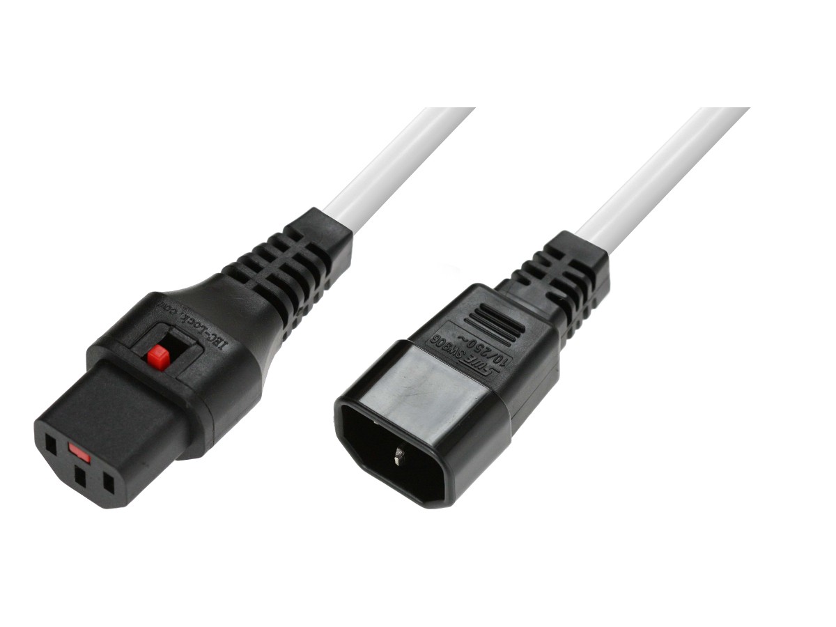 Kabel przedłużający zasilający blokada IEC LOCK 3x1mm2 C14/C13 prosty M/Ż 3m biały