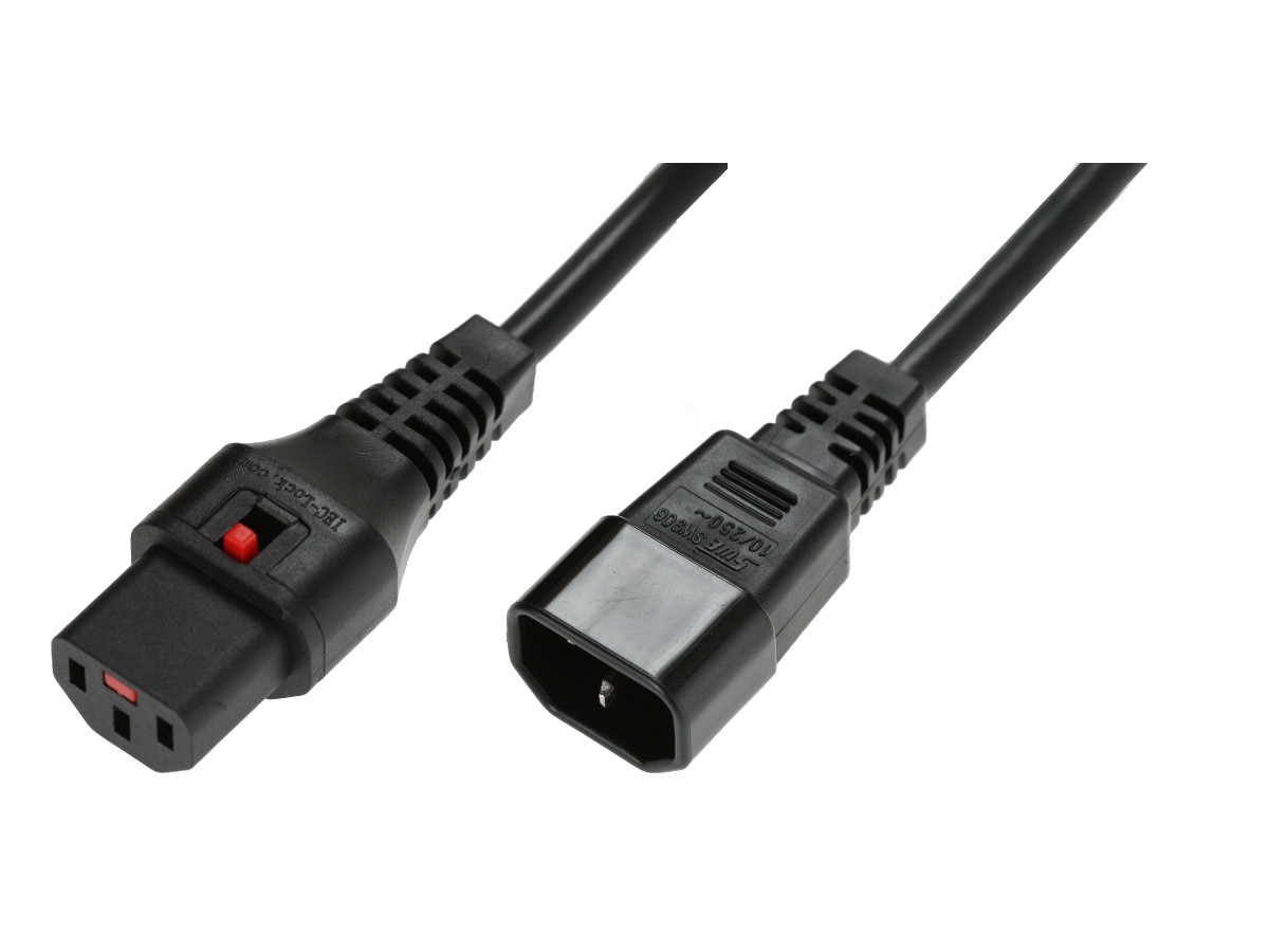 Kabel przedłużający zasilający blokada IEC LOCK 3x1mm2 C14/C13 prosty M/Ż 1m czarny