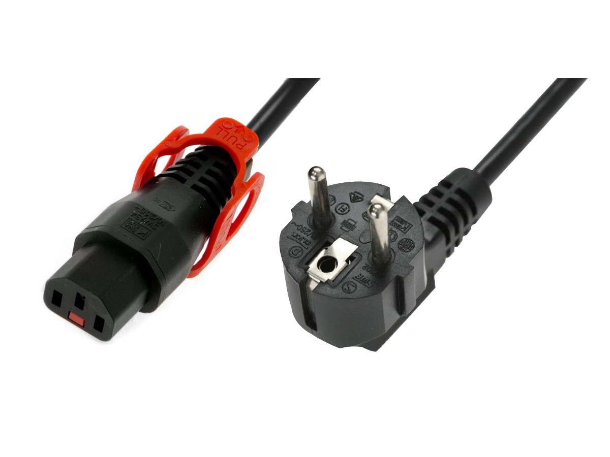 Kabel połączeniowy zasilający blokada IEC LOCK+ 3x1mm2 Schuko kątowy/C13 prosty M/Ż 2m czarny