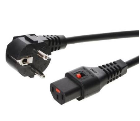 Kabel połączeniowy zasilający blokada IEC LOCK 3x1mm2 Schuko kątowy/C13 prosty M/Ż 5m czarny