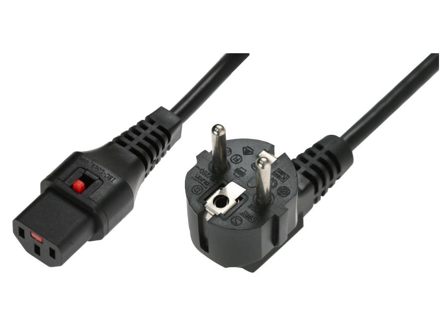 Kabel połączeniowy zasilający blokada IEC LOCK 3x1mm2 Schuko kątowy/C13 prosty M/Ż 3m czarny