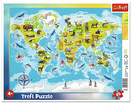 Puzzle 25 elementów Ramkowe Mapa Świata ze zwierzetami