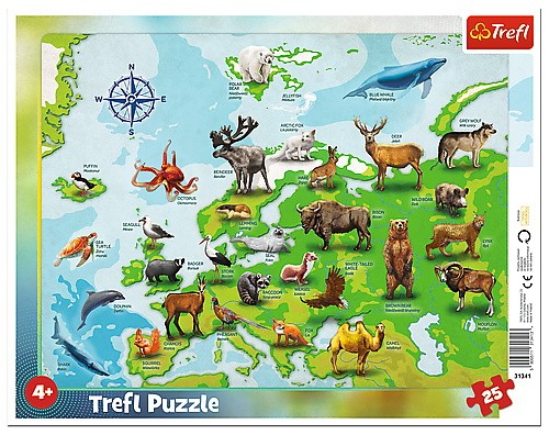 Puzzle 25 elementów Ramkowe Mapa Europy ze zwierzętami