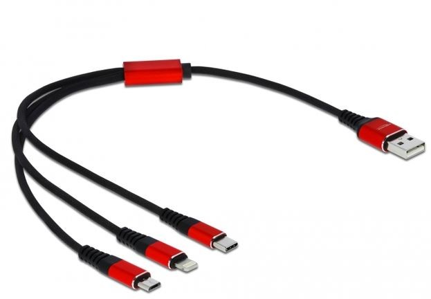 Kabel 3IN1 USB-A(M)->LIGHTNING(M)+MICRO-B(M)+USB-C(M) tylko  ładowanie 0.3M czerwono/czarny