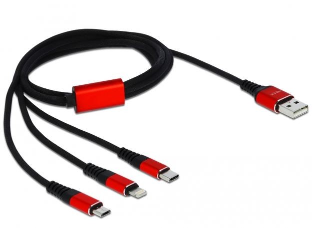 Kabel 3IN1 USB-A(M)->LIGHTNING(M)+MICRO-B(M)+USB-C(M) tylko ładowanie 1M czerwony/czarny