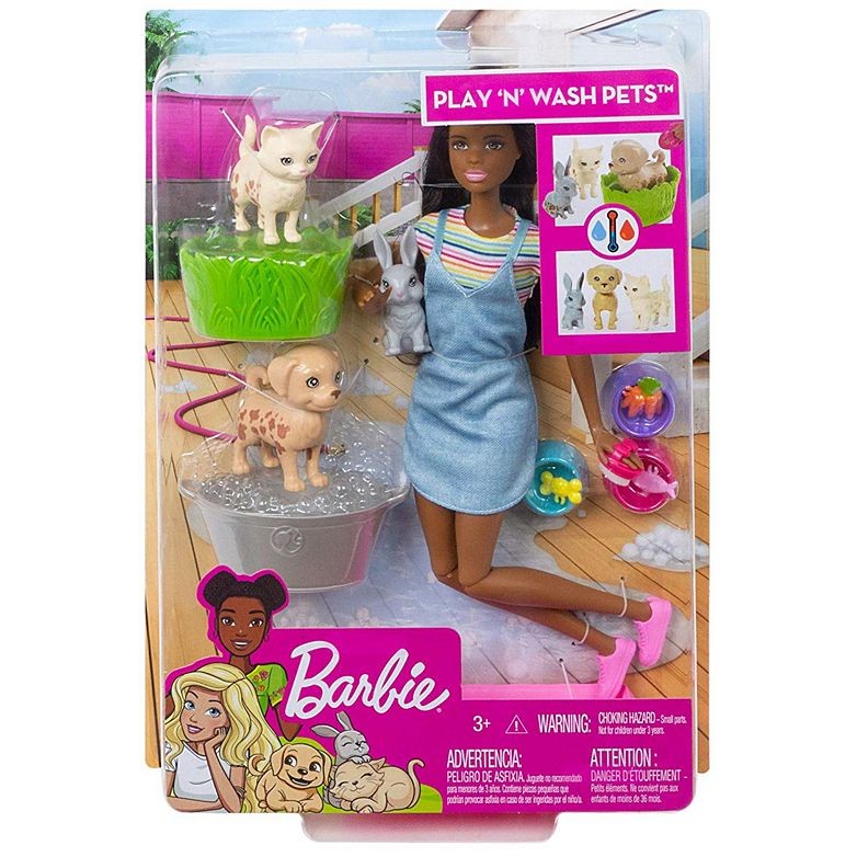 Barbie Kąpiel zwierzątek Lalka + Zestaw (Brunetka)