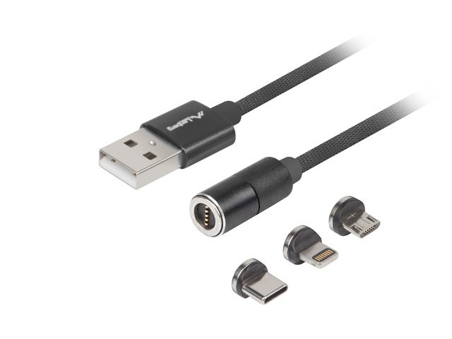 Kabel magnetyczny COMBO USB-A(M)->USB MICRO(M)+LIGHTNING(M)+USB-C(M) 2.0 1m czarny QC 3.0