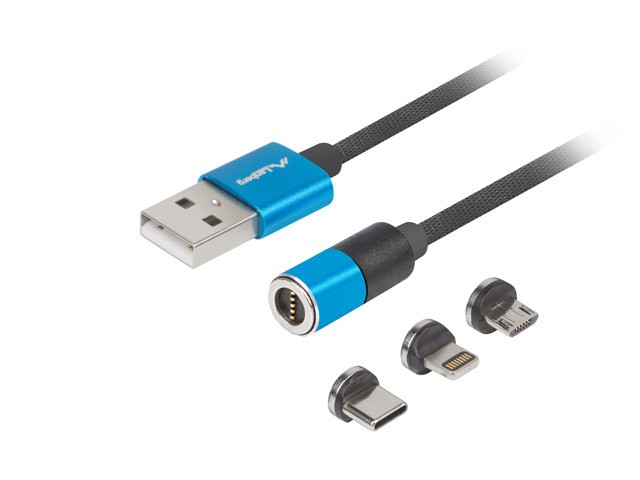 Kabel magnetyczny COMBO USB-A(M)->USB MICRO(M)+LIGHTNING(M)+USB-C(M) 2.0 1m czarno-niebieski QC 3.0