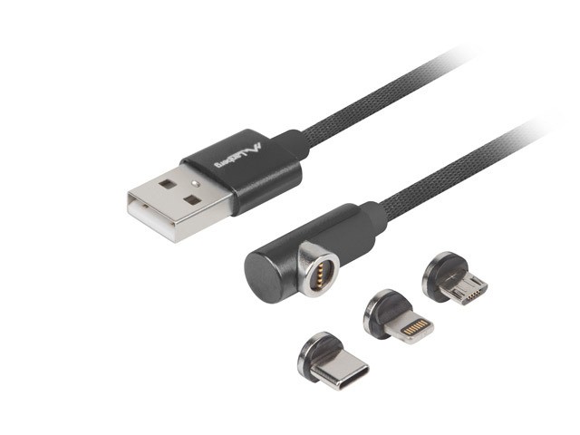 Kabel magnetyczny kątowy COMBO USB-A(M)->USB MICRO(M)+LIGHTNING(M)+USB-C(M) 2.0 1m czarny QC 3.0